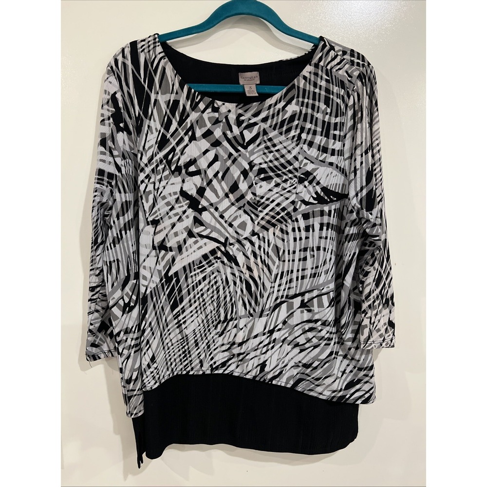 Easy Wear by Chico's Size 3 | Large Black, White, Gray Split-Back Top Blouse